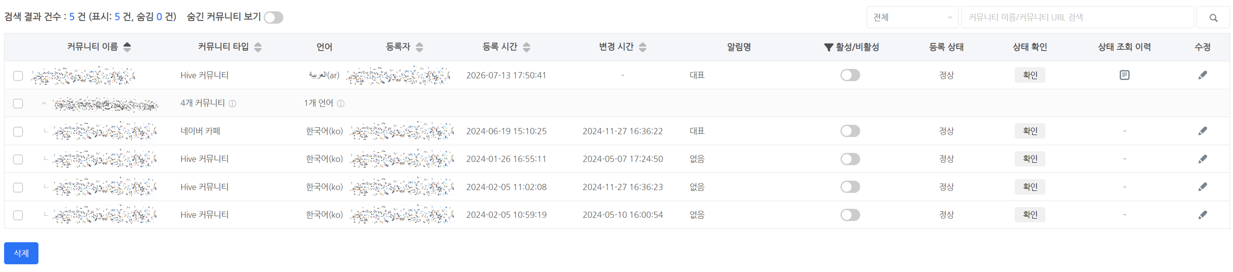 프로젝트별 커뮤니티 그룹을 펼친 화면