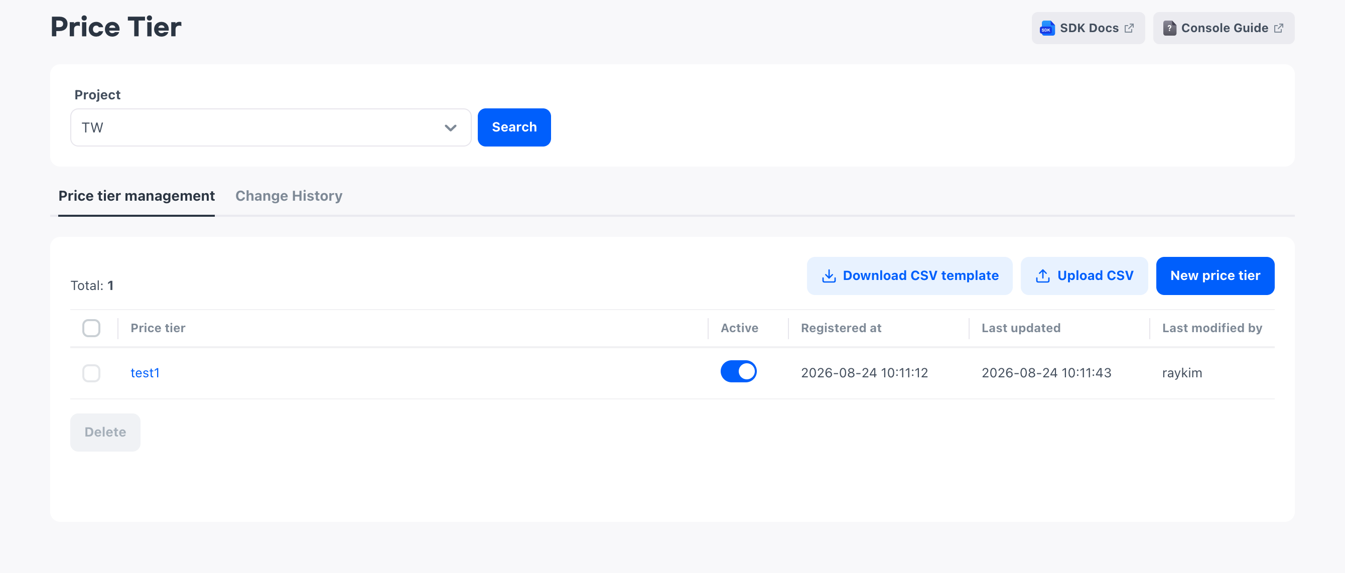 The Payment > Price Tier screen. Below the Download CSV template, Upload CSV, and New price tier buttons is the price tier list, which shows the active status, registration date, last update date, and last modifier of each price tier.