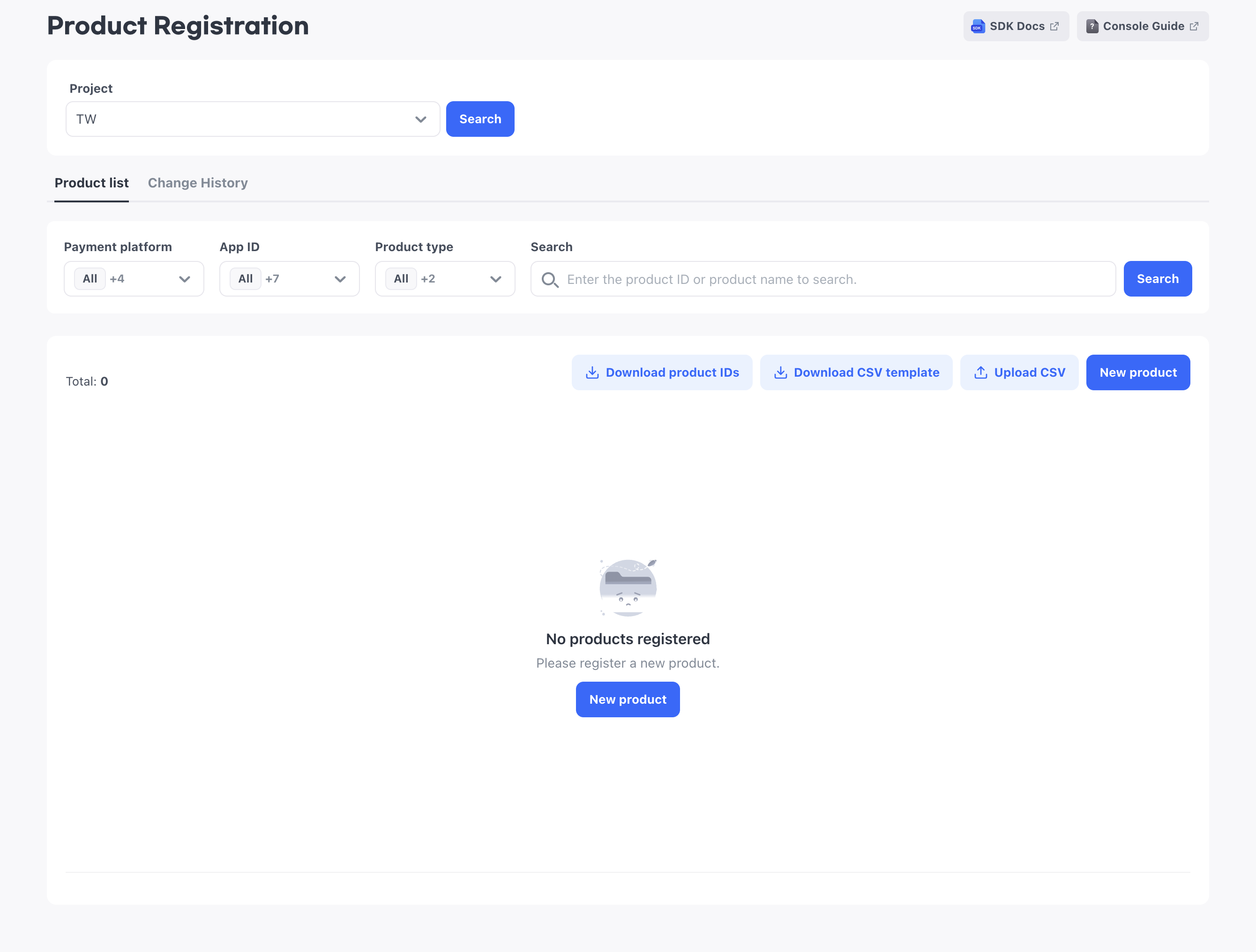 The Payment > Product Registration screen. Below the search area for finding products by payment platform, App ID, product type, and keyword are the Download product IDs, Download CSV template, Upload CSV, and New product buttons and the product list.