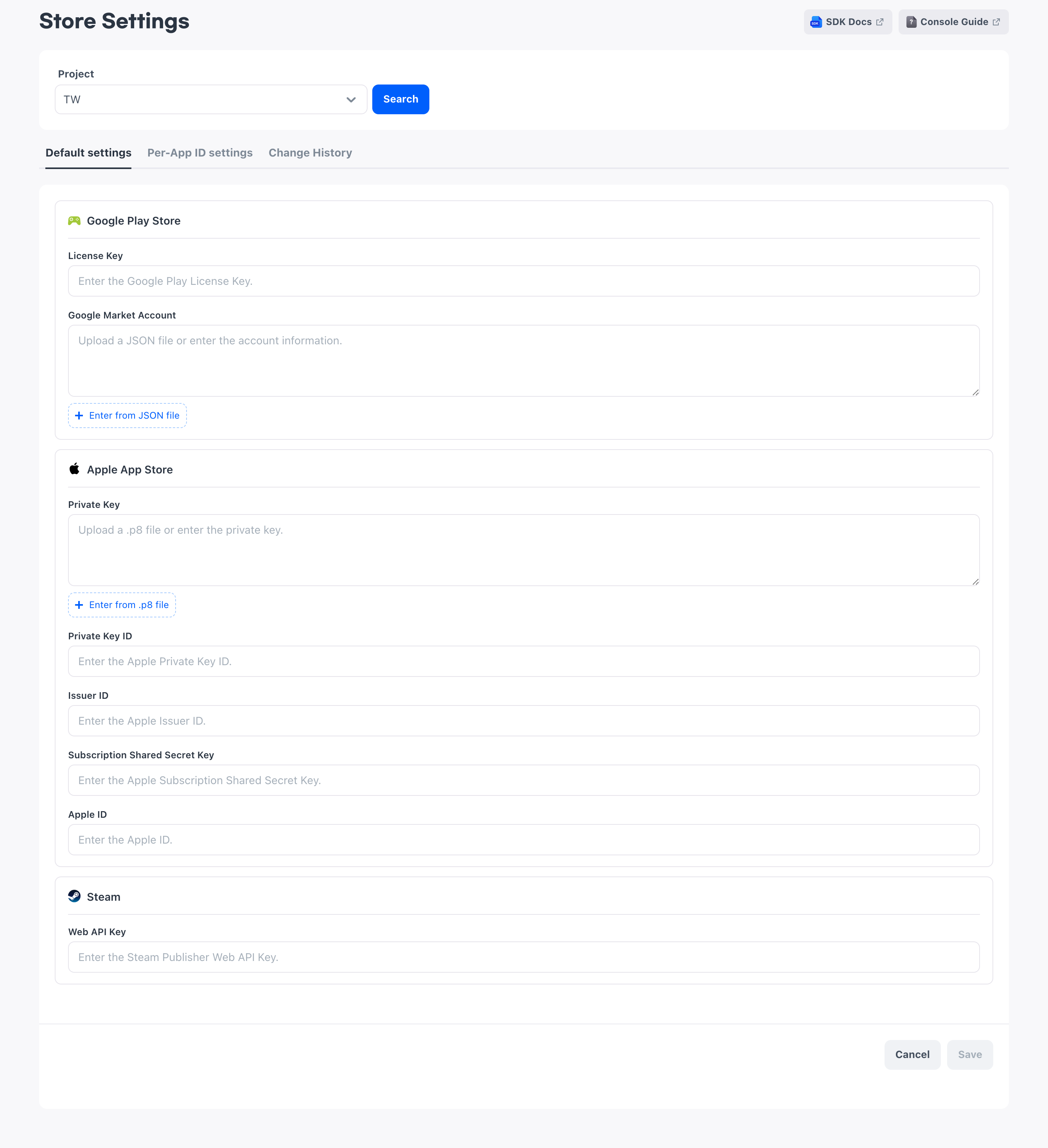 The Default settings tab of the Payment > Store Settings screen. Input fields for the credentials used for payment verification are displayed for Google Play Store, Apple App Store, and Steam.