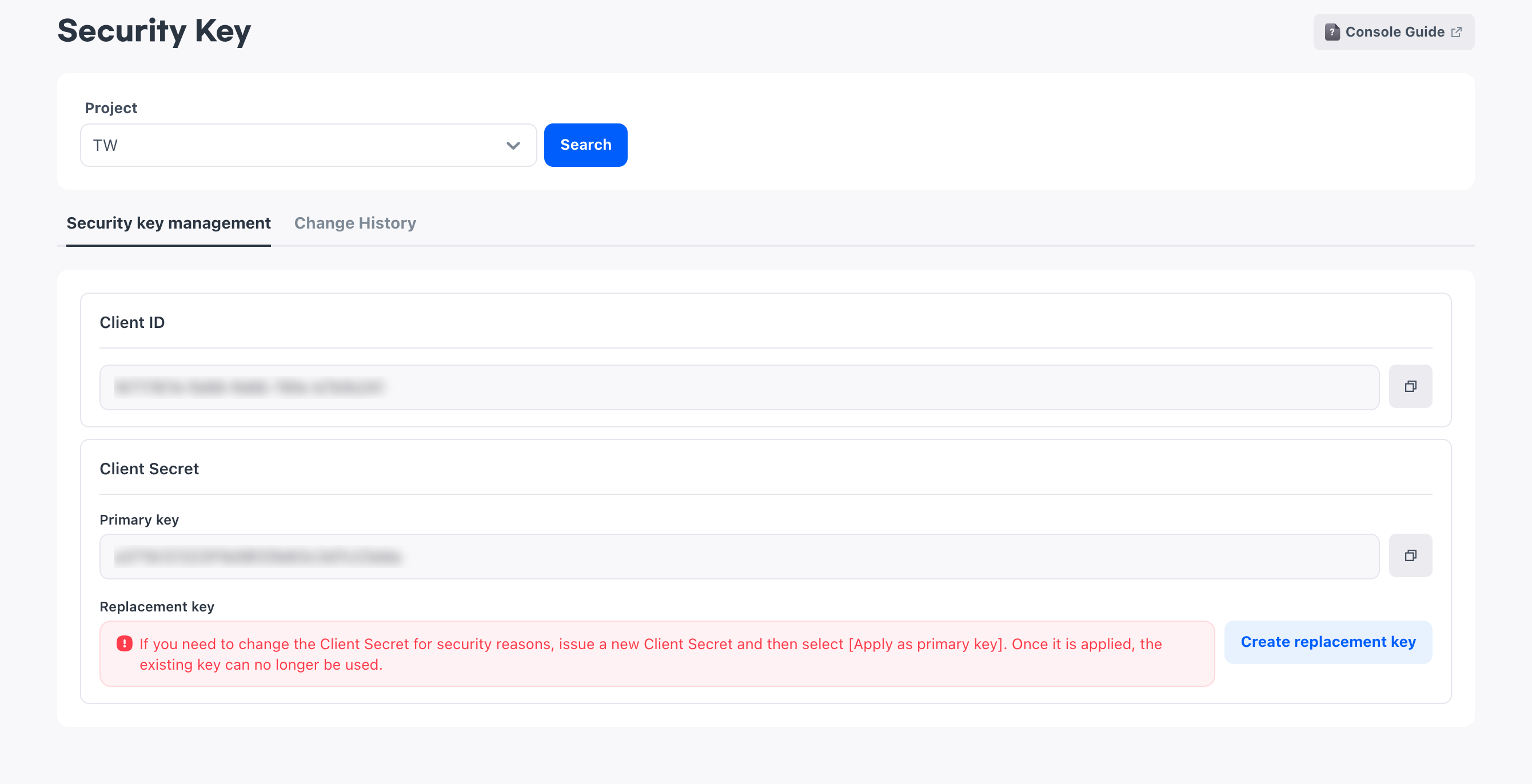 The Project Settings > Security Key screen. Below the area for selecting a project, the Client ID and the Client Secret primary key are displayed with copy buttons, and the replacement key area has the Create replacement key button.