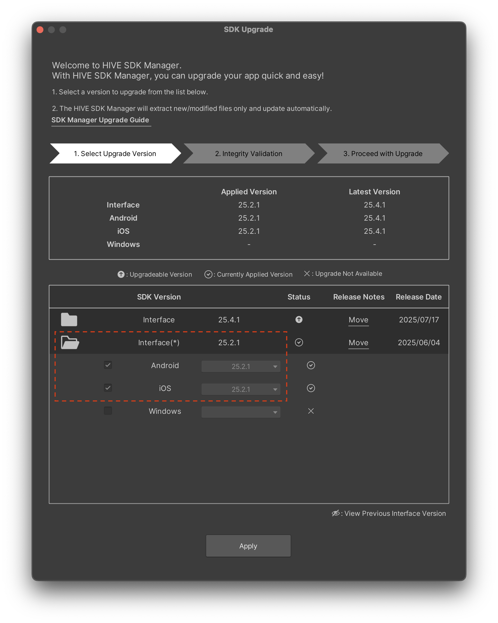 SDK upgrade screen - previous version