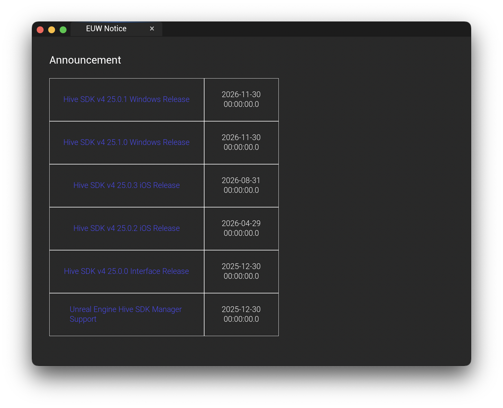 Hive SDK Notice popup