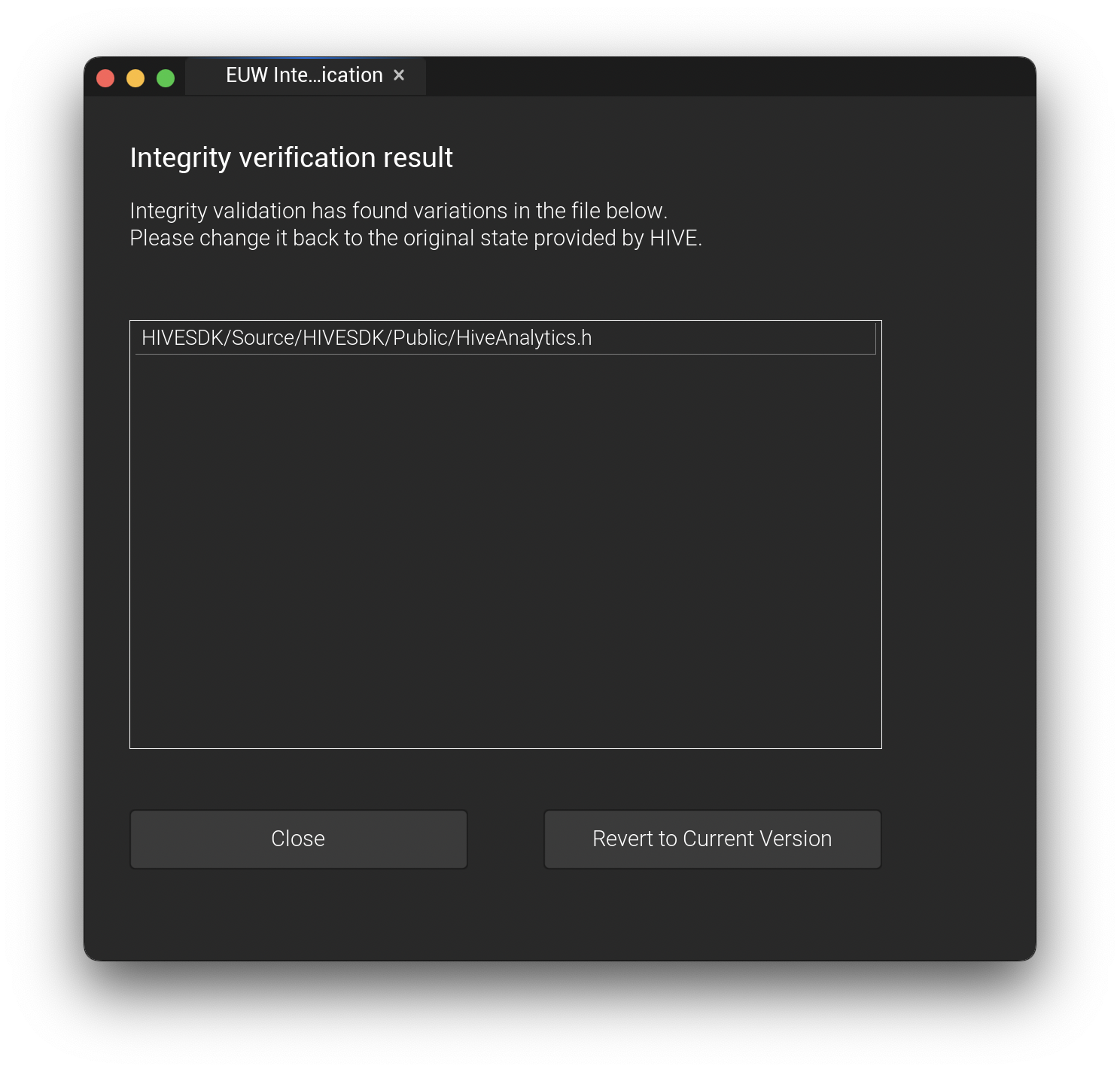 Hive SDK Integrity verification failure popup