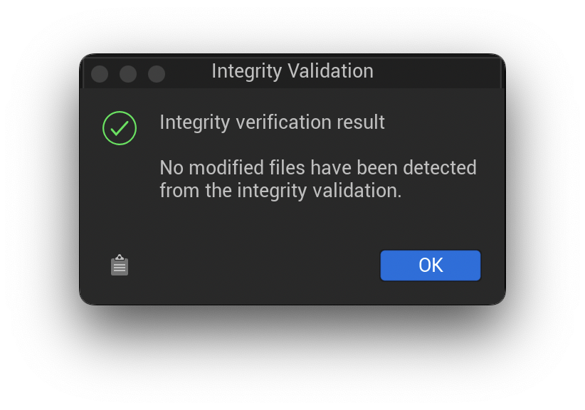 Hive SDK Integrity verification success popup