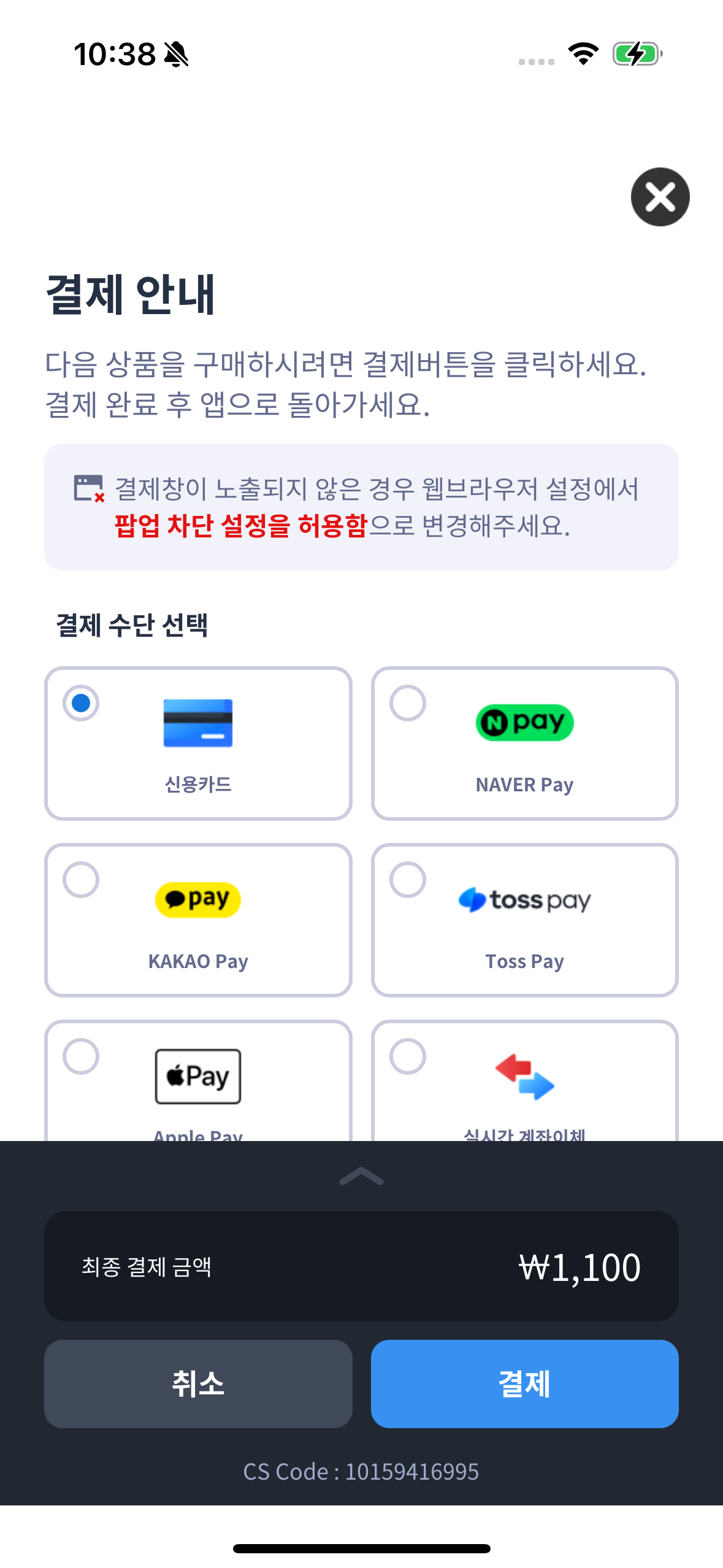 Mobile PG payment screen