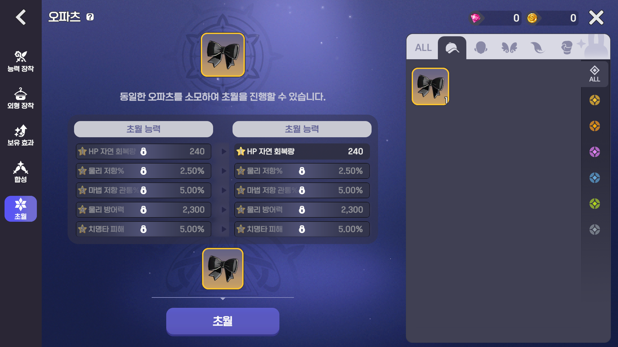 오파츠 초월 화면의 대상·재료와 현재·다음 단계 능력 비교